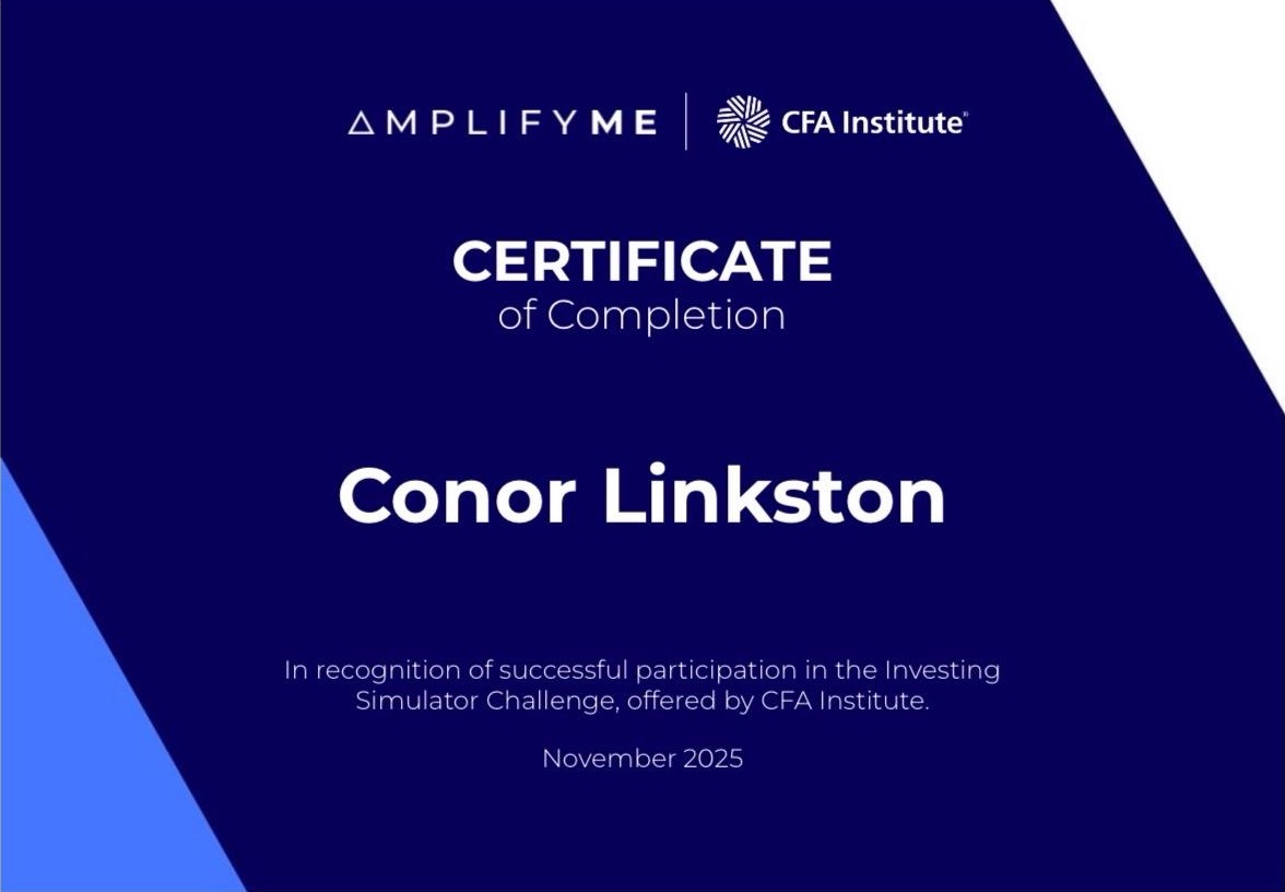 AmplifyME and CFA Institute certificate of completion, Investing Simulator Challenge, awarded to Conor Linkston, November 2025