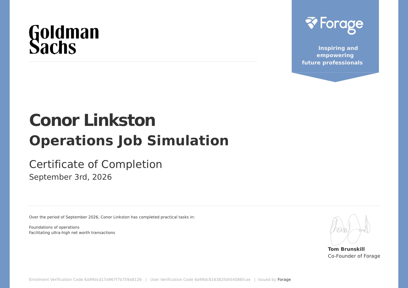 Goldman Sachs Operations Job Simulation certificate of completion via Forage, awarded to Conor Linkston, 3 September 2026