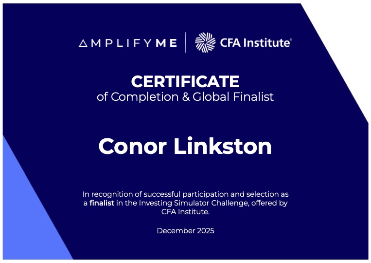 AmplifyME and CFA Institute certificate of completion and global finalist, Investing Simulator Challenge, awarded to Conor Linkston, December 2025